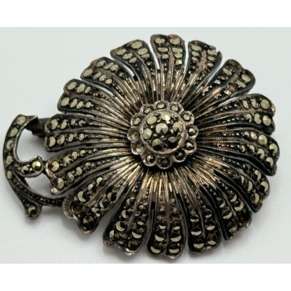 Vintage Sterling Silver Marcasite Flower‎ Brooch